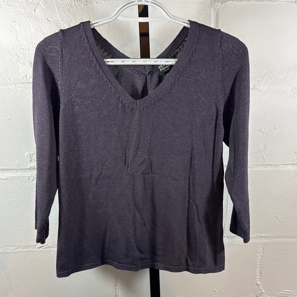 Eileen Fisher V-Neck Sweater Top Size PM Plum Purple 3/4 Sleeve